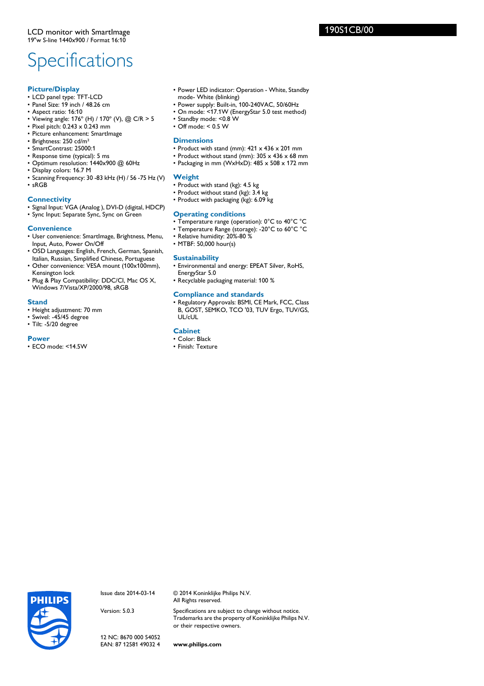 Specifications | Philips 190S1CB-00 User Manual | Page 3 / 3