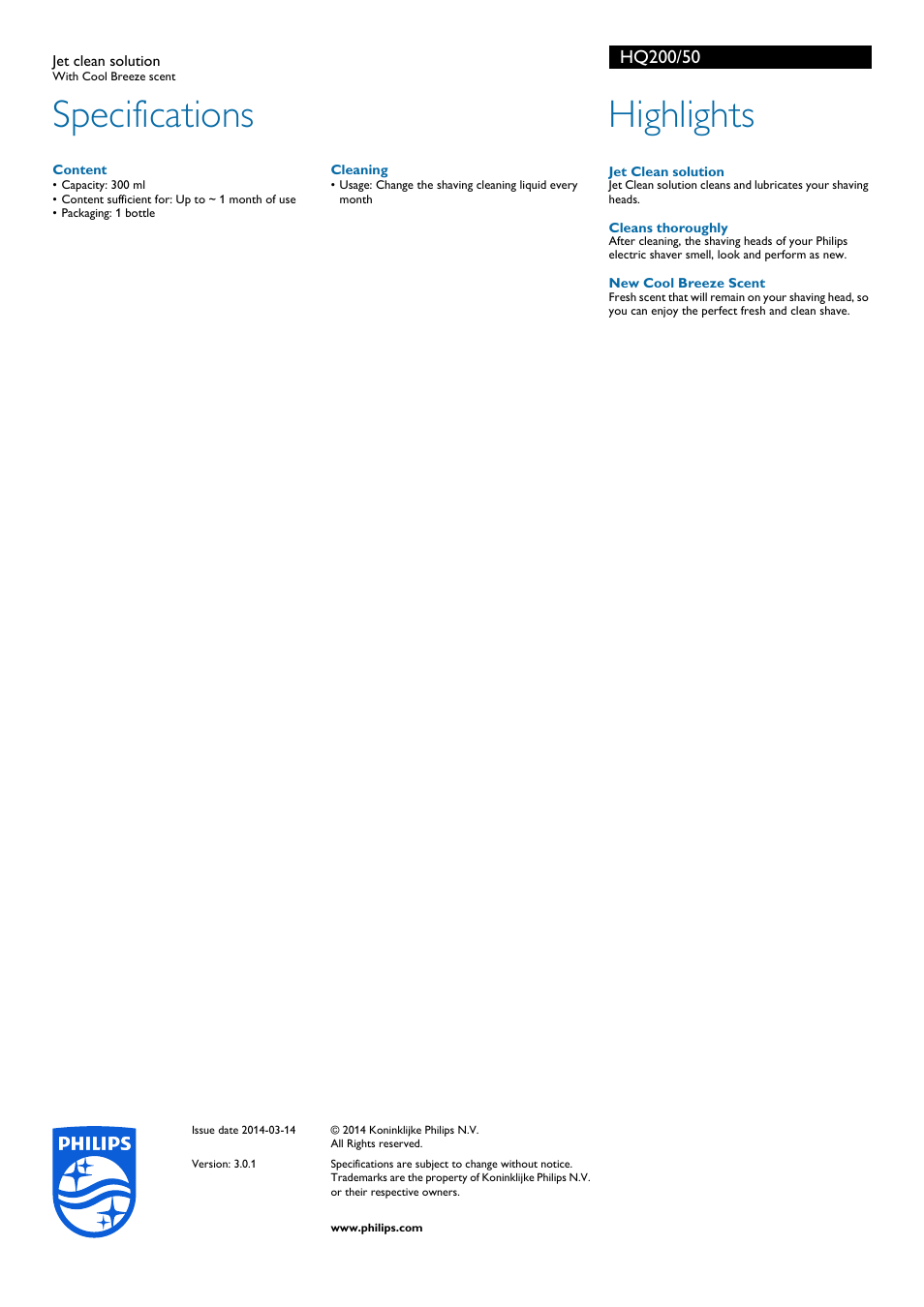 Specifications, Highlights | Philips HQ200-50 User Manual | Page 2 / 2