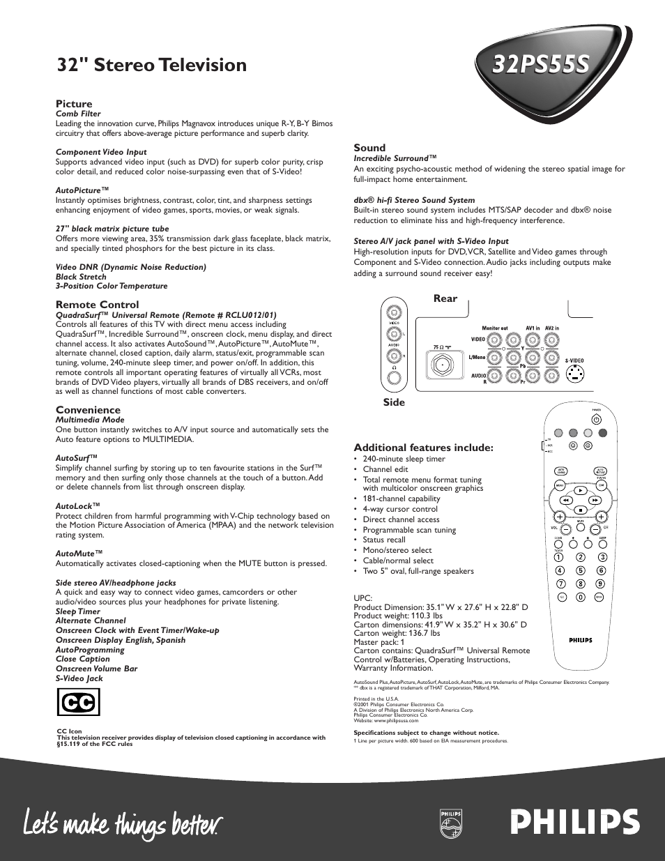 32ps55s, 32 " stereo television | Philips 32PS55S User Manual | Page 2 / 2