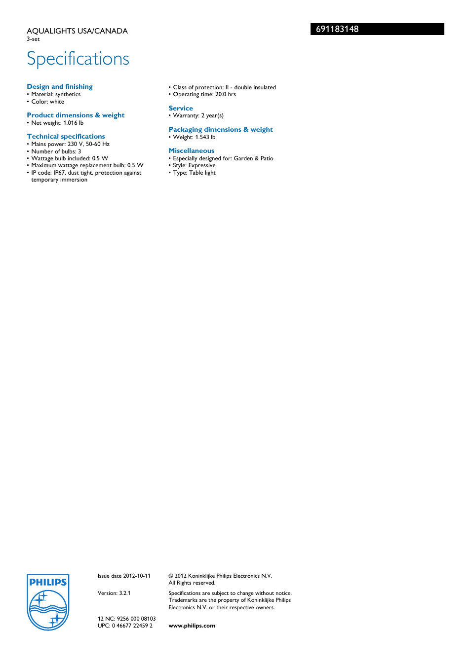 Specifications | Philips IMAGEO Table light 69118-31-48 3-set User Manual | Page 2 / 2