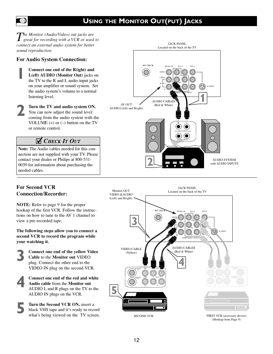 Cc c, For audio system connection, For second vcr connection/recorder | Sing the, Onitor, Acks | Philips 27PT543S99 User Manual | Page 12 / 38