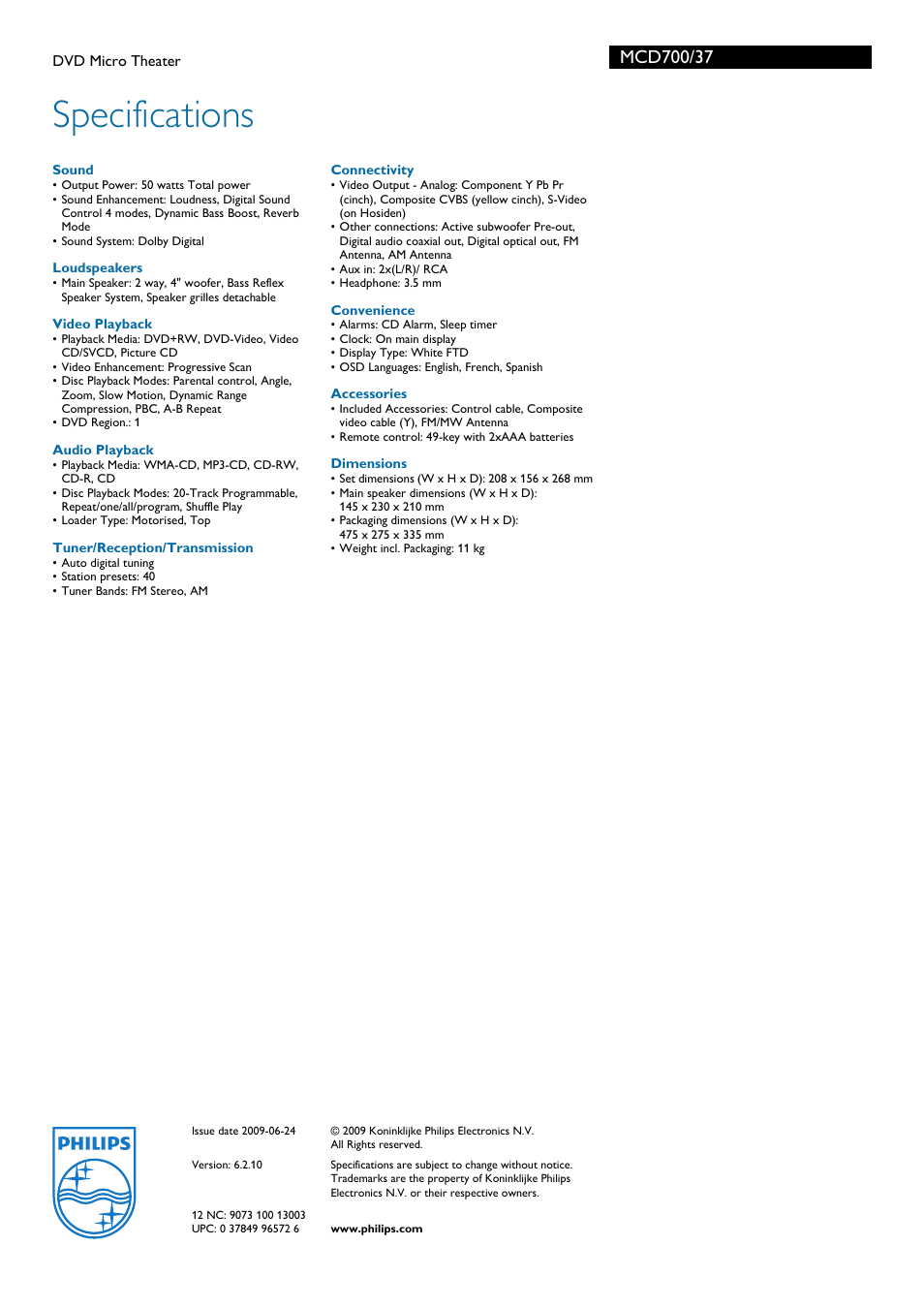 Specifications | Philips MCD700-37 User Manual | Page 3 / 3