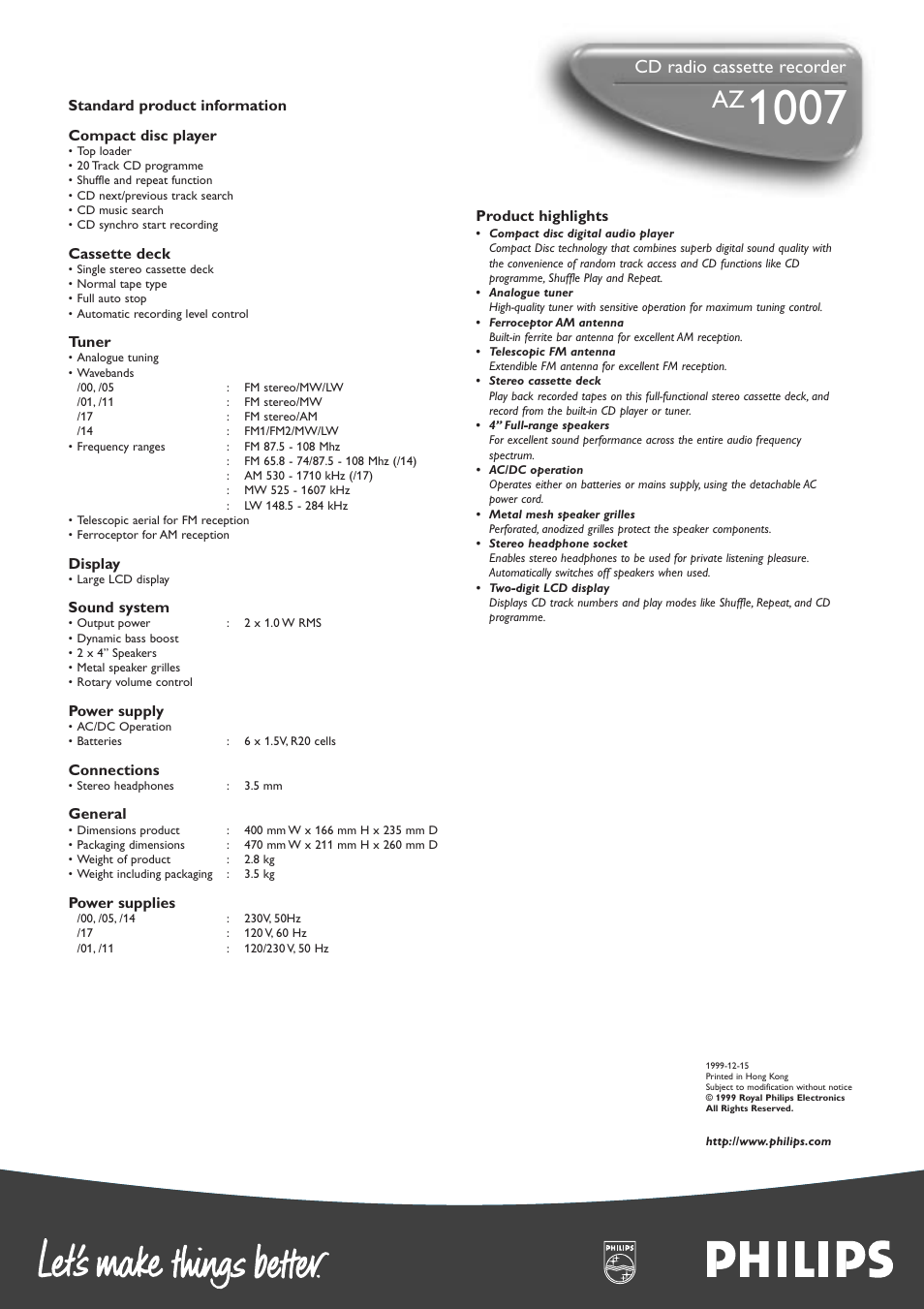 Cd radio cassette recorder | Philips AZ1007-17 User Manual | Page 2 / 2