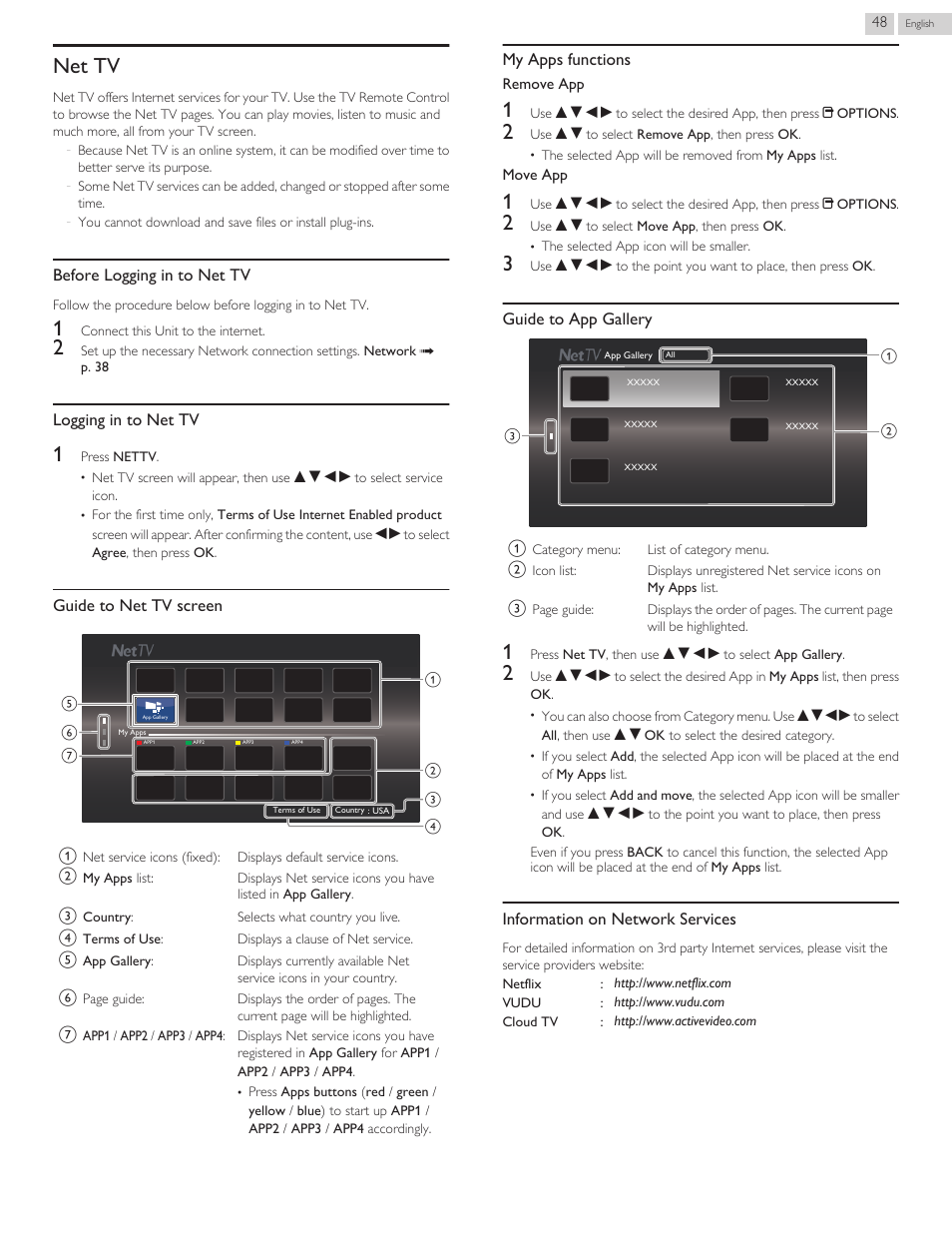 Net tv, Country l p. 48, Before logging in to net tv | Logging in to net tv, Guide to net tv screen, My apps functions, Guide to app gallery, Information on network services | Philips 46PFL3608-F7 User Manual | Page 104 / 113