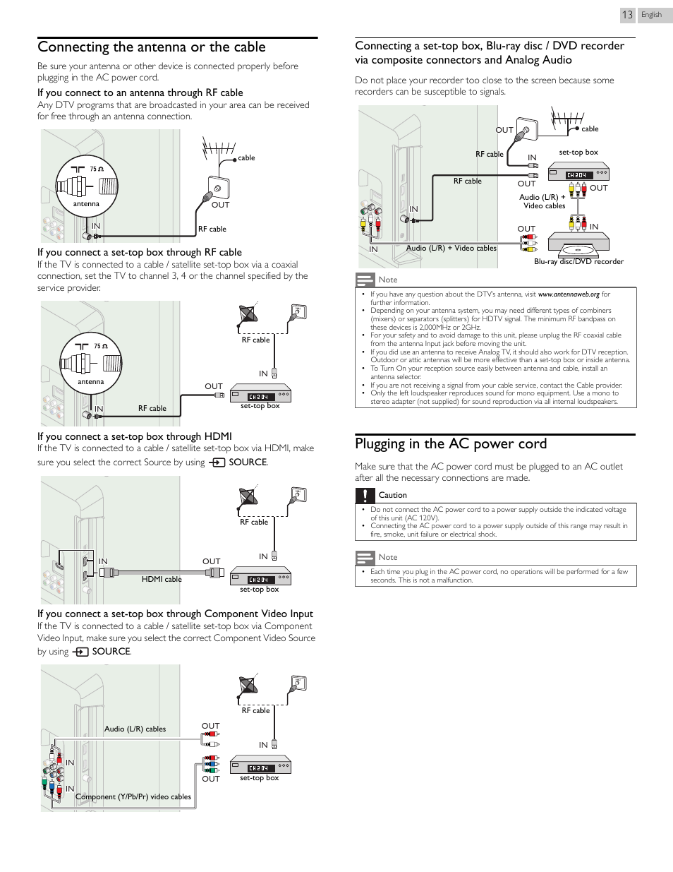Connecting the antenna or the cable, Plugging in the ac power cord, If you connect to an antenna through rf cable | If you connect a set-top box through rf cable, If you connect a set-top box through hdmi | Philips 46PFL3608-F7 User Manual | Page 13 / 113