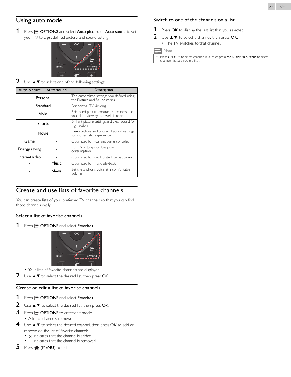 Using auto mode, Create and use lists of favorite channels, Using auto mode 1 | Philips 46PFL3608-F7 User Manual | Page 22 / 113