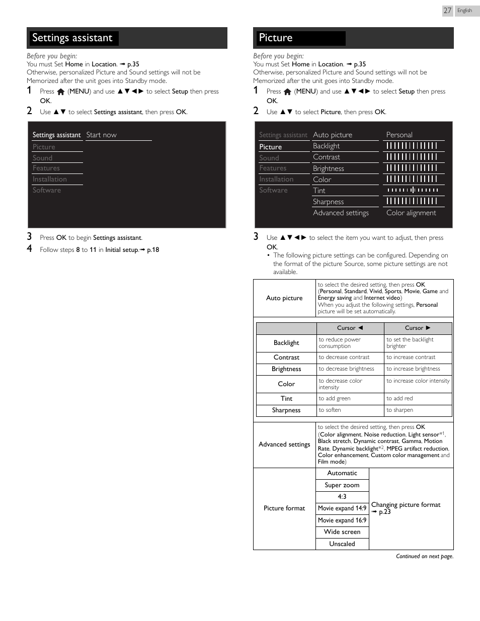 Settings assistant, Picture, P.27 | Philips 46PFL3608-F7 User Manual | Page 27 / 113