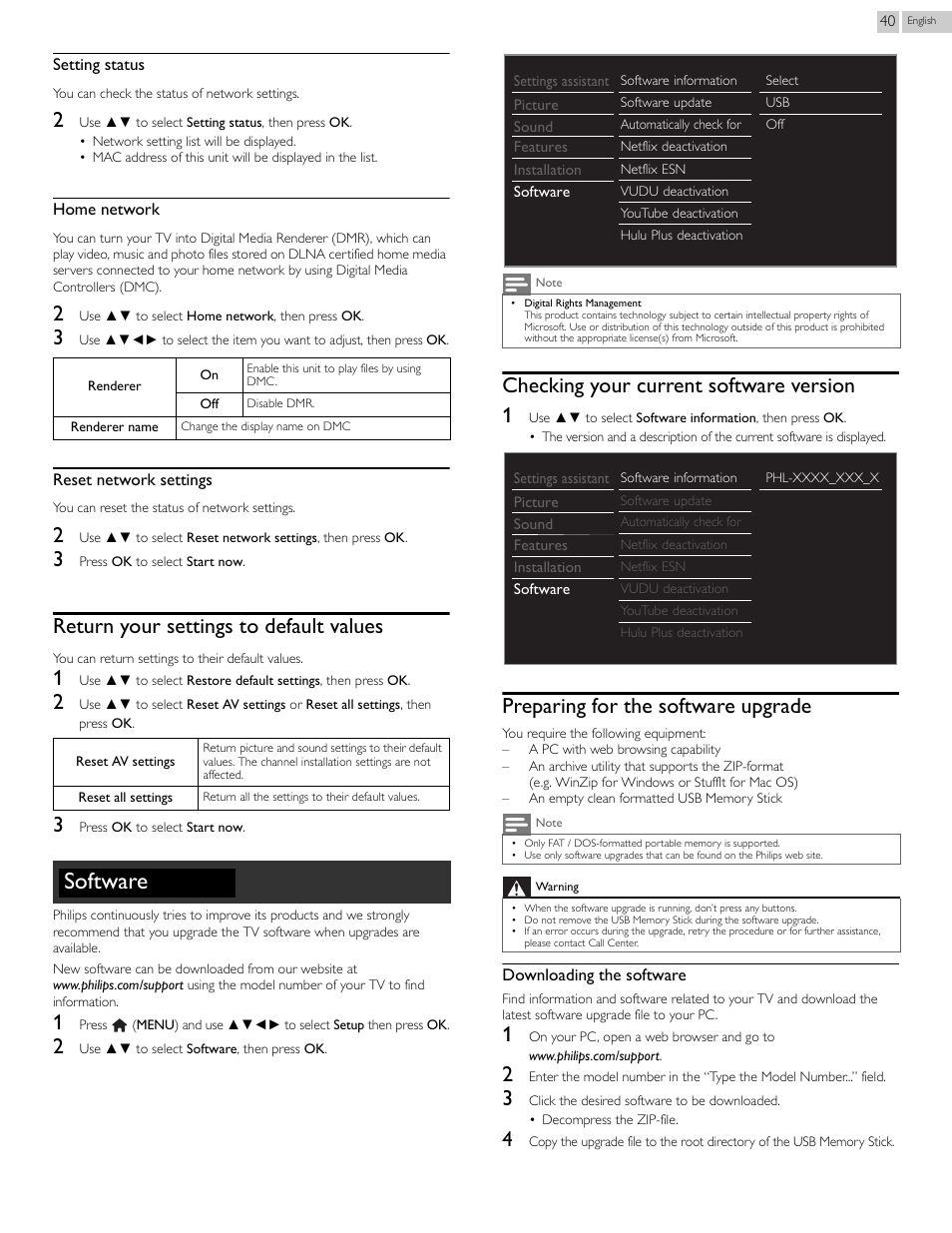 Return your settings to default values, Software, Checking your current software version | Preparing for the software upgrade, P.40, Checking your current software version 1 | Philips 46PFL3608-F7 User Manual | Page 40 / 113