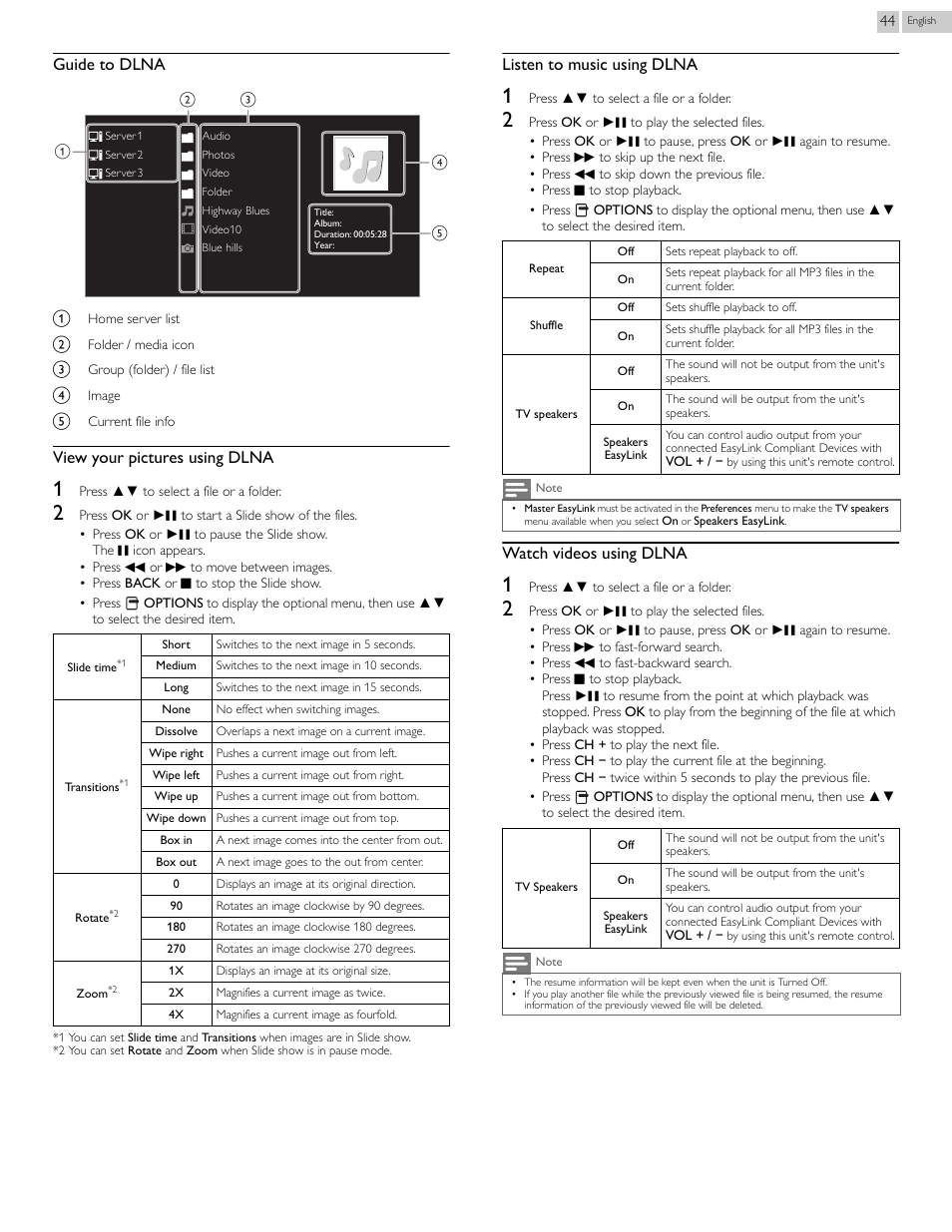 Guide to dlna, View your pictures using dlna, Listen to music using dlna | Watch videos using dlna | Philips 46PFL3608-F7 User Manual | Page 44 / 113