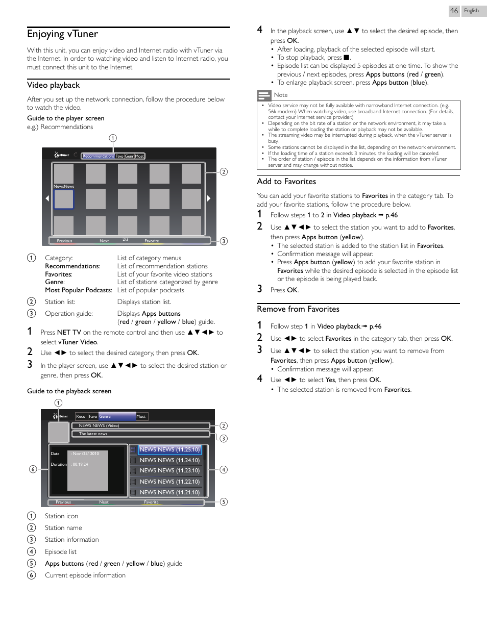 Enjoying vtuner, Video playback, Add to favorites | Remove from favorites | Philips 46PFL3608-F7 User Manual | Page 46 / 113