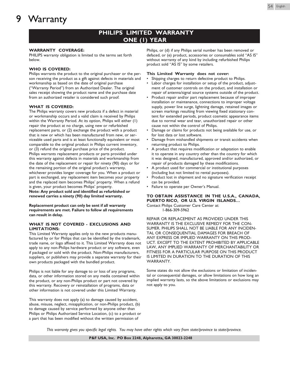 9 warranty, Warranty, Philips limited warranty one (1) year | Philips 46PFL3608-F7 User Manual | Page 54 / 113