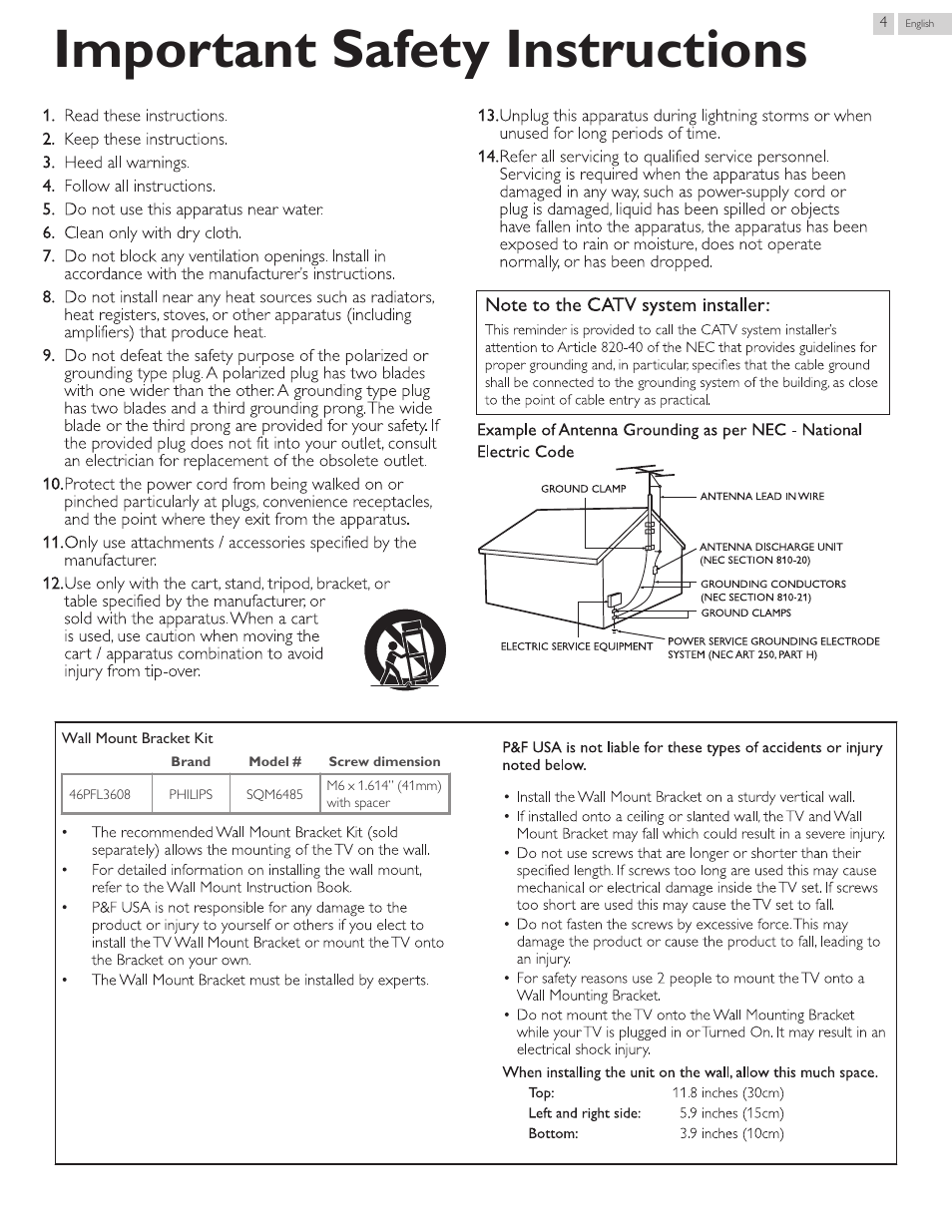 Important safety instructions | Philips 46PFL3608-F7 User Manual | Page 60 / 113