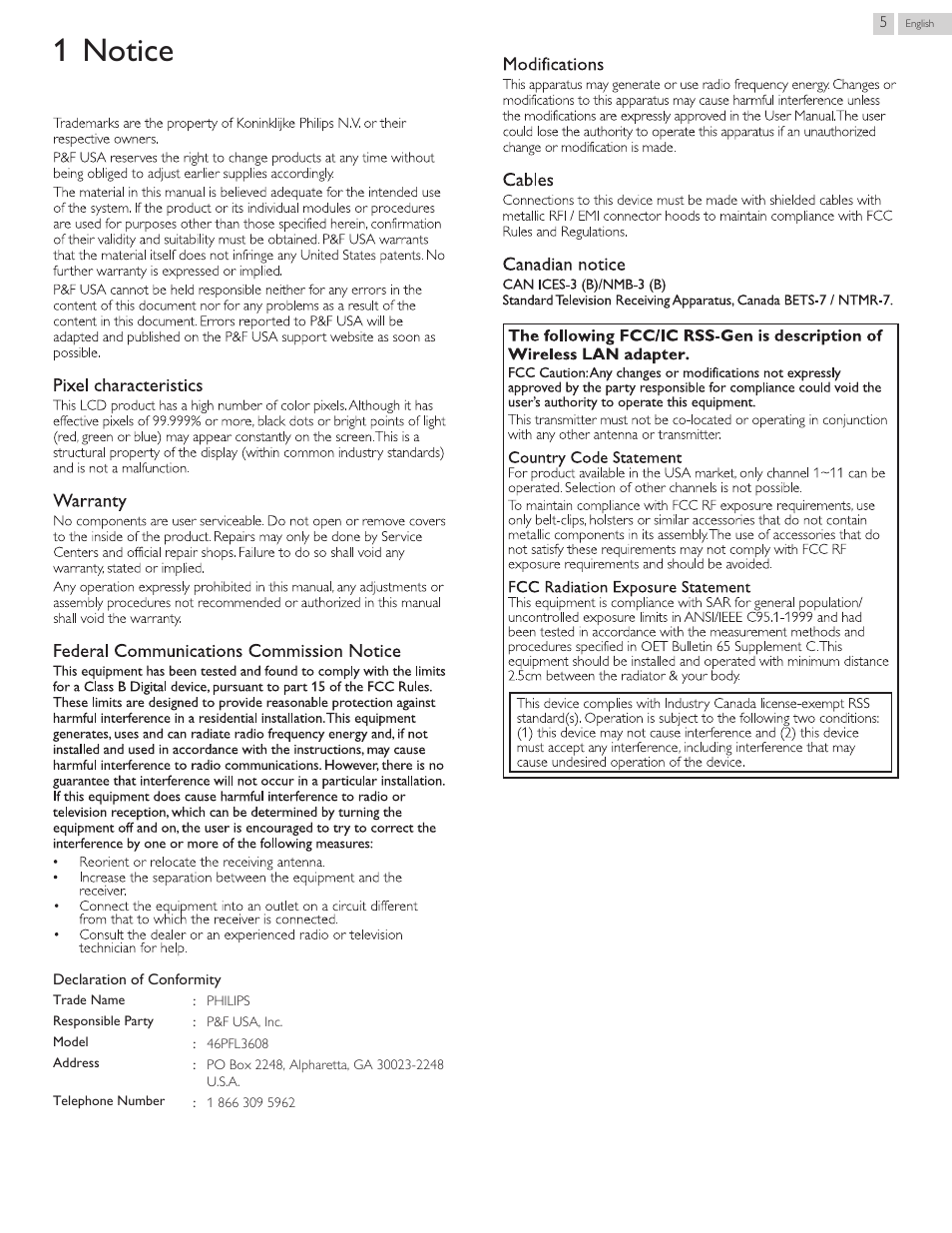 Notice, 1 notice | Philips 46PFL3608-F7 User Manual | Page 61 / 113