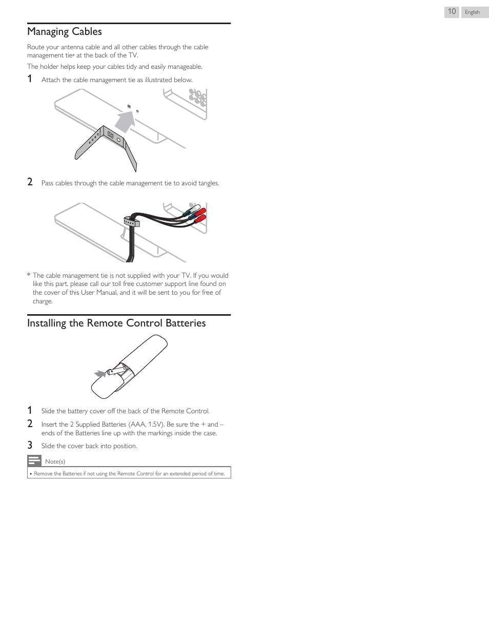 Managing cables, Installing the remote control batteries, Installing the remote control batteries 1 | Philips 46PFL3608-F7 User Manual | Page 66 / 113