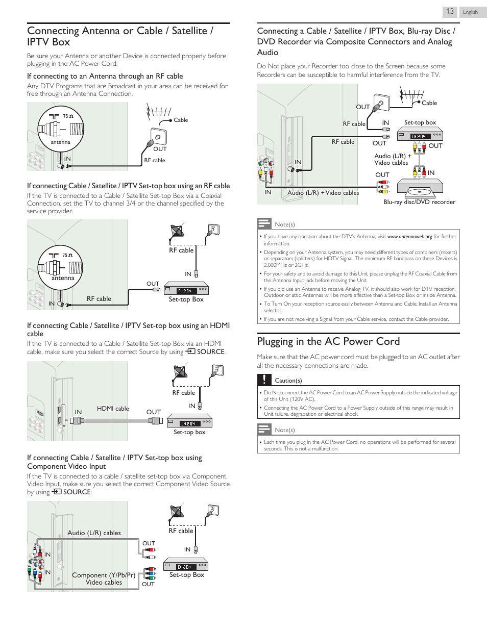 Connecting antenna or cable / satellite / iptv box, Plugging in the ac power cord | Philips 46PFL3608-F7 User Manual | Page 69 / 113