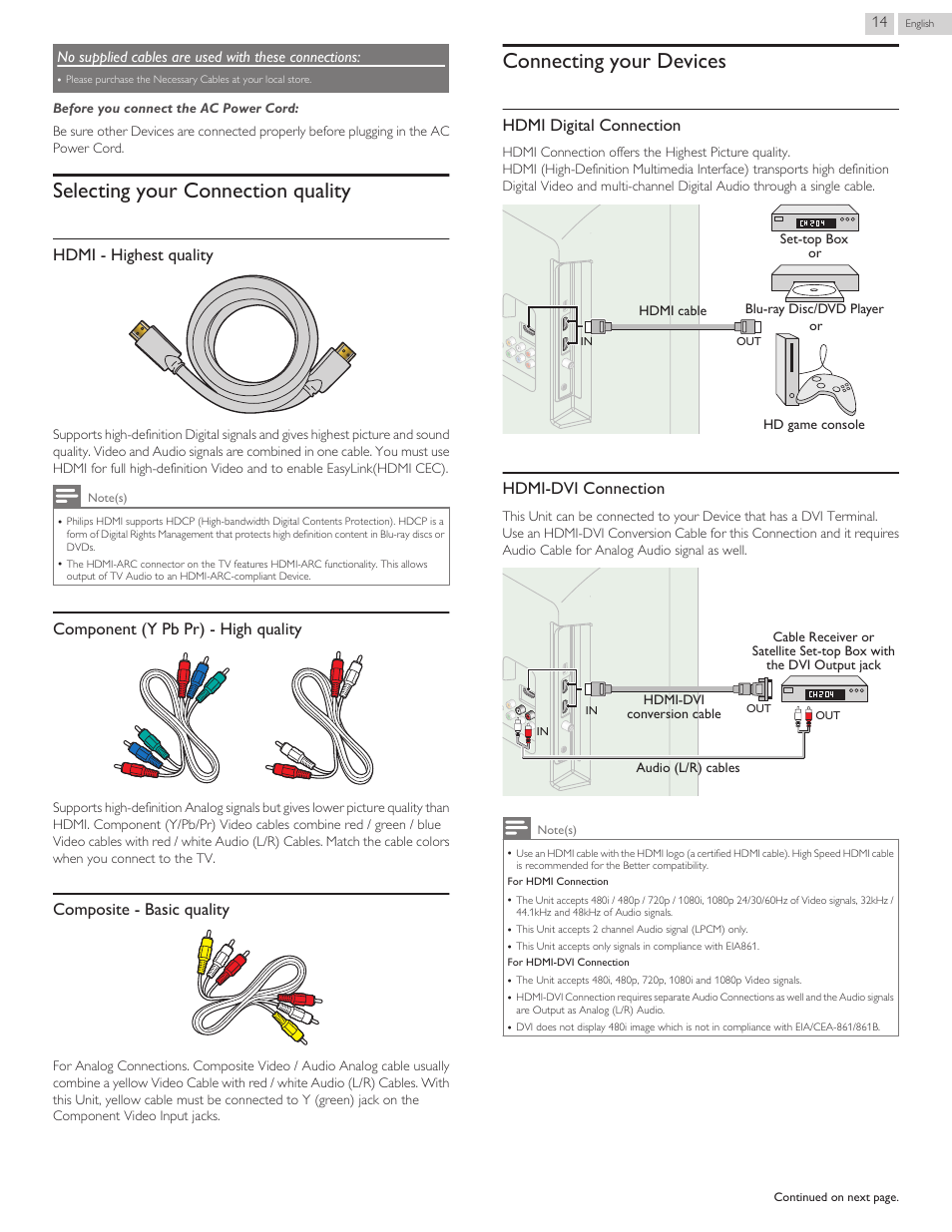 Selecting your connection quality, Hdmi - highest quality, Component (y pb pr) - high quality | Composite - basic quality, Connecting your devices, Hdmi digital connection, Hdmi-dvi connection | Philips 46PFL3608-F7 User Manual | Page 70 / 113