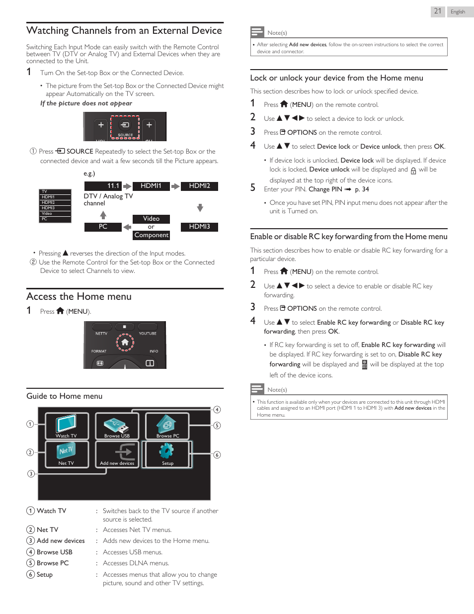 Watching channels from an external device, Access the home menu, Guide to home menu | Lock or unlock your device from the home menu, Access the home menu 1 | Philips 46PFL3608-F7 User Manual | Page 77 / 113