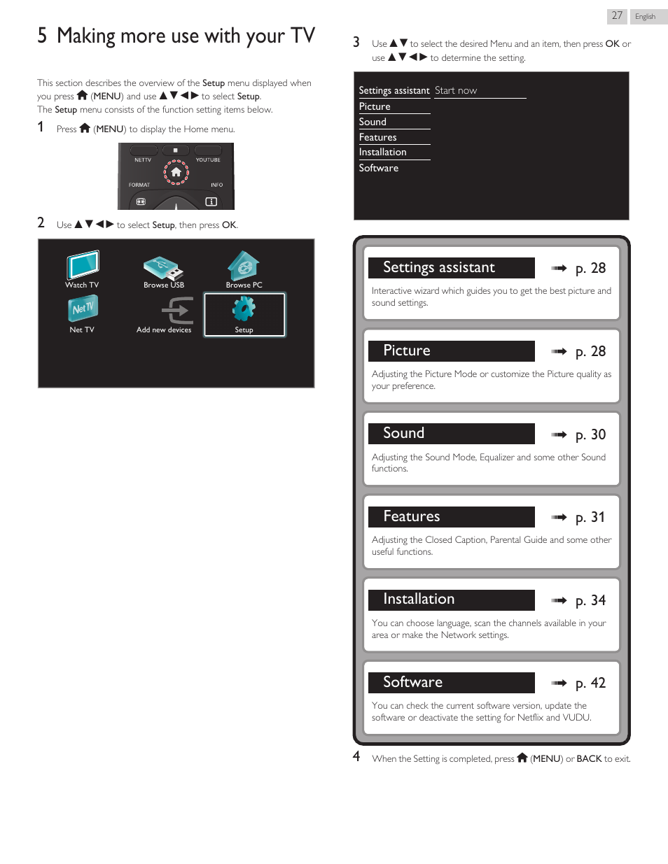 Making more use with your tv, 5 making more use with your tv, Settings assistant | Picture, Sound, Features, Installation, Software, L p. 28, L p. 30 | Philips 46PFL3608-F7 User Manual | Page 83 / 113