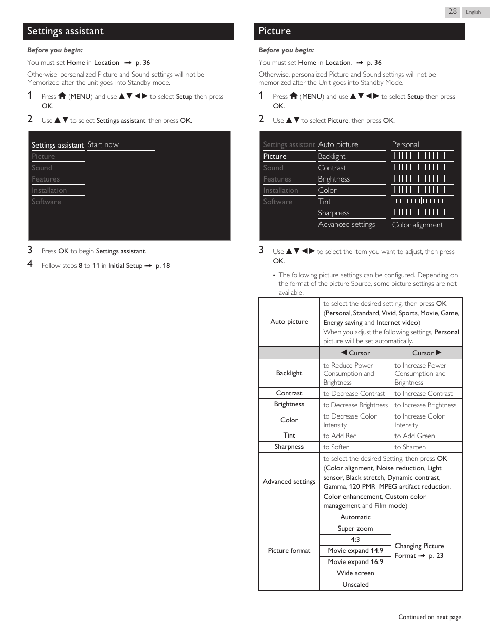 Settings assistant, Picture, Settings assistant l p. 28 | L p. 28 | Philips 46PFL3608-F7 User Manual | Page 84 / 113