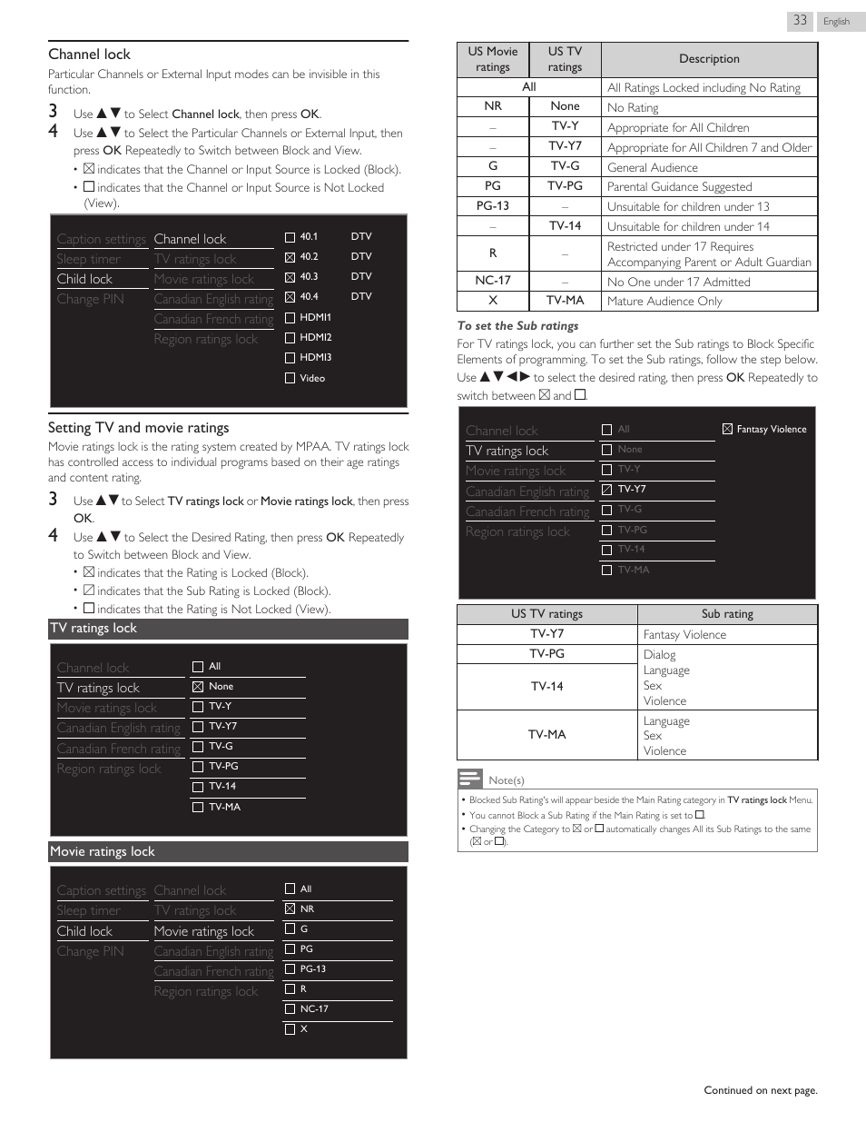 Channel lock, Setting tv and movie ratings | Philips 46PFL3608-F7 User Manual | Page 89 / 113