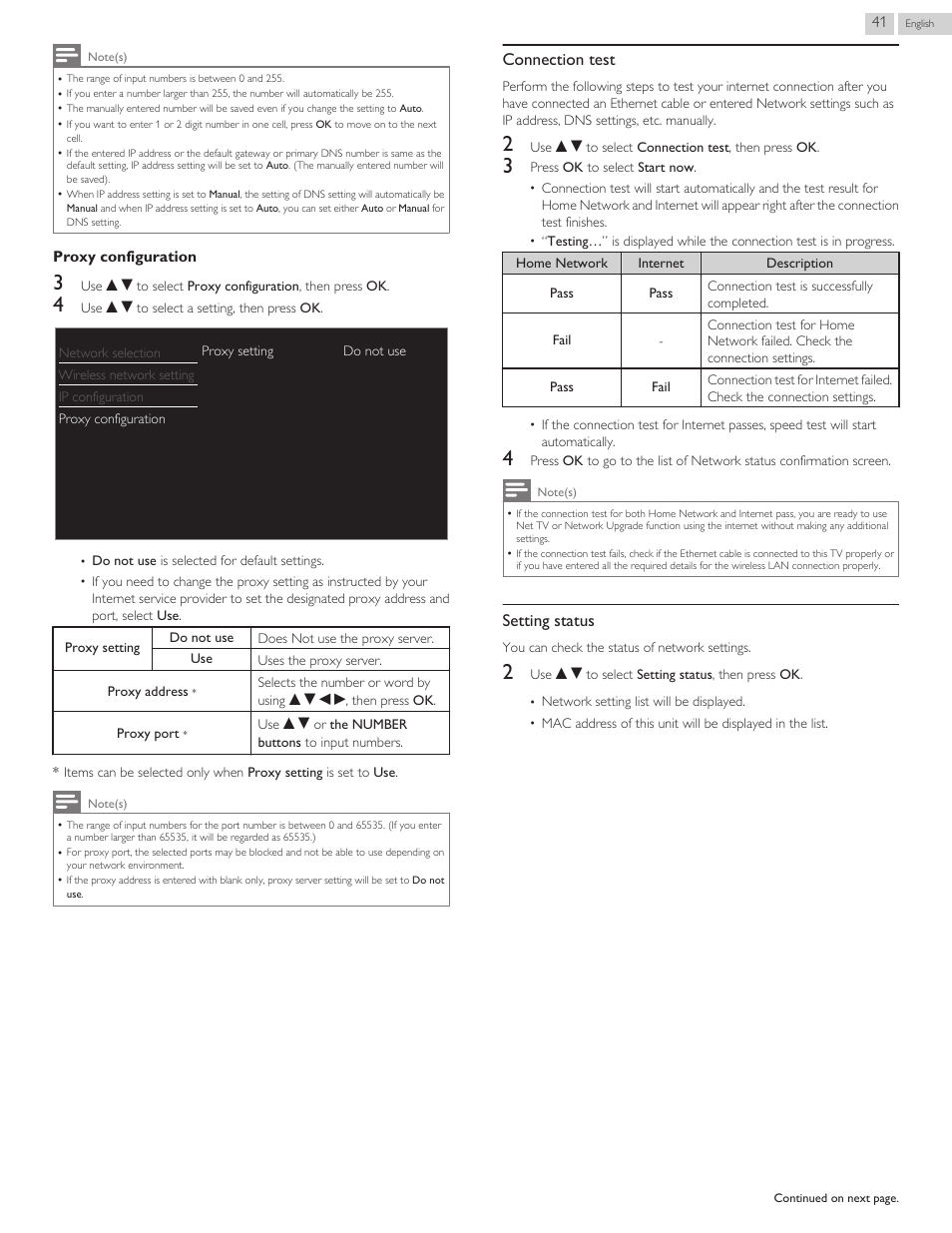 Connection test, Setting status | Philips 46PFL3608-F7 User Manual | Page 97 / 113