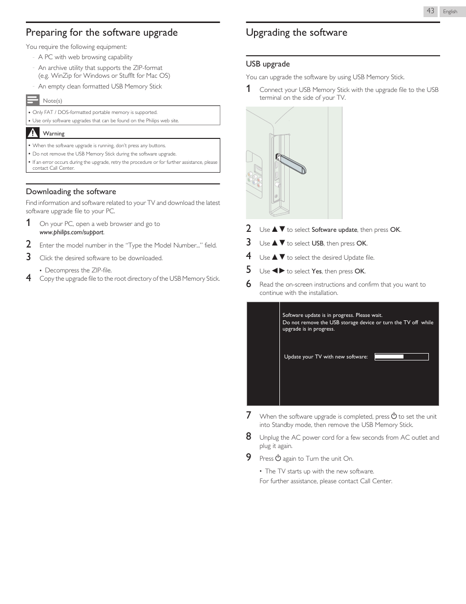 Preparing for the software upgrade, Upgrading the software | Philips 46PFL3608-F7 User Manual | Page 99 / 113
