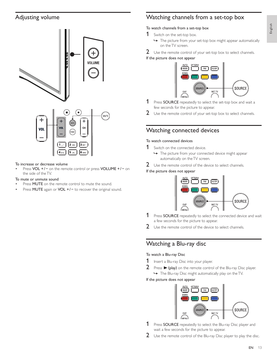 Adjusting volume, Watching channels from a set-top box, Watching connected devices | Watching a blu-ray disc | Philips 55PFL5705DV-F7 User Manual | Page 14 / 47