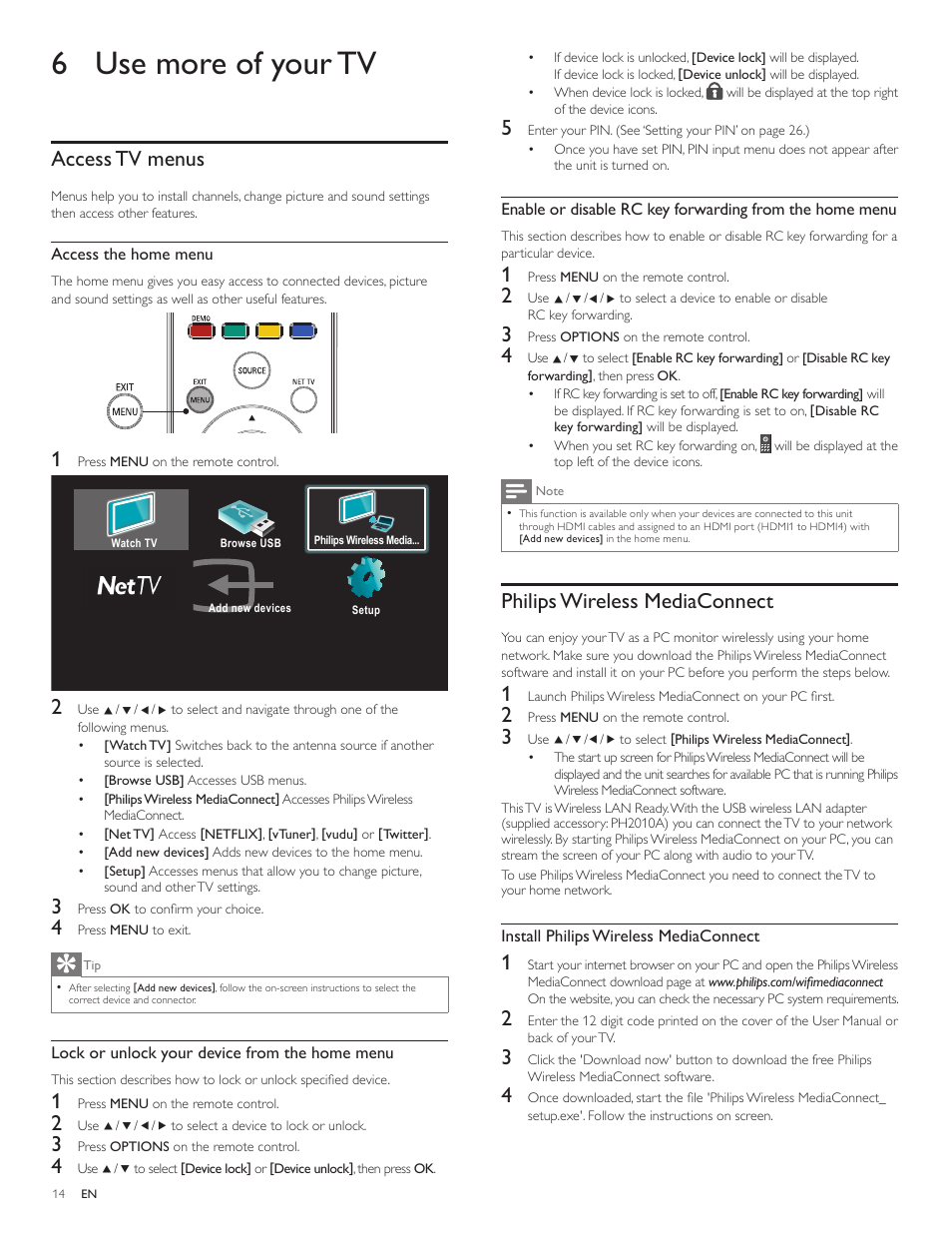 6 use more of your tv, Access tv menus, Philips wireless mediaconnect | Philips 55PFL5705DV-F7 User Manual | Page 15 / 47