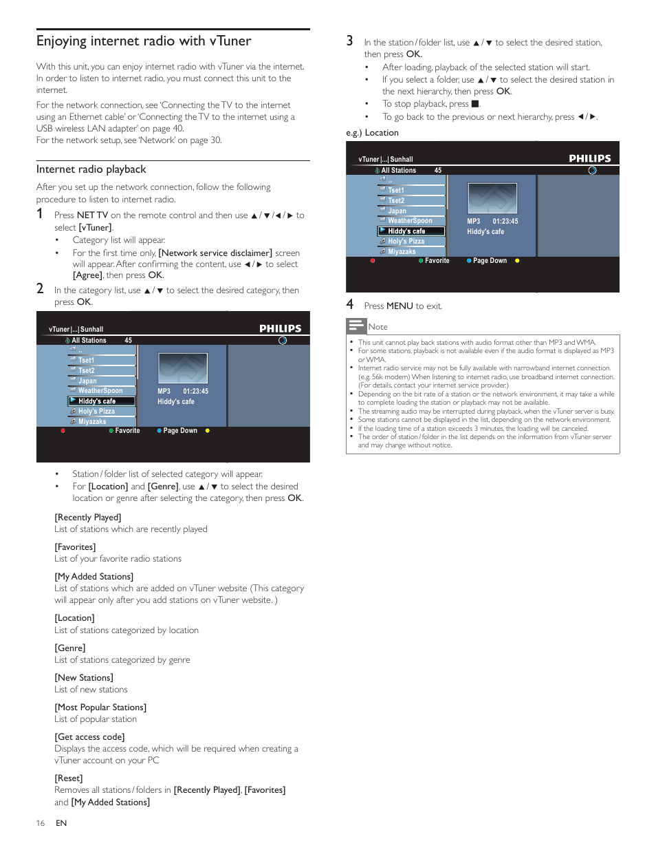 Enjoying internet radio with vtuner, Internet radio playback | Philips 55PFL5705DV-F7 User Manual | Page 17 / 47