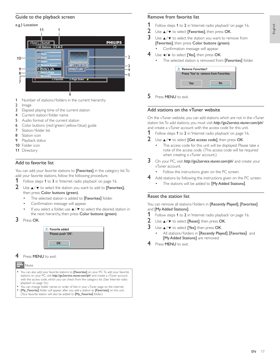 Remove from favorite list, Add stations on the vtuner website, Reset the station list | Guide to the playback screen, Add to favorite list | Philips 55PFL5705DV-F7 User Manual | Page 18 / 47
