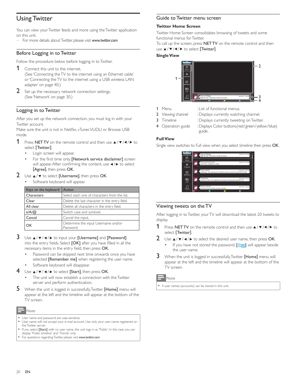 Using twitter, Guide to twitter menu screen, Viewing tweets on the tv | Before logging in to twitter, Logging in to twitter | Philips 55PFL5705DV-F7 User Manual | Page 21 / 47