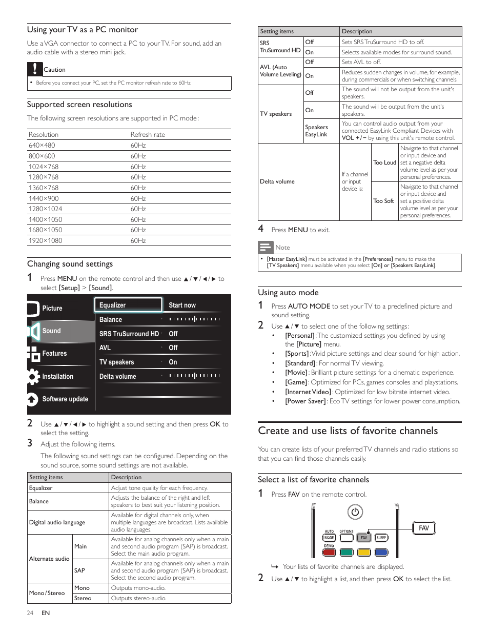 Create and use lists of favorite channels, Using auto mode, Select a list of favorite channels | Using your tv as a pc monitor, Supported screen resolutions, Changing sound settings | Philips 55PFL5705DV-F7 User Manual | Page 25 / 47