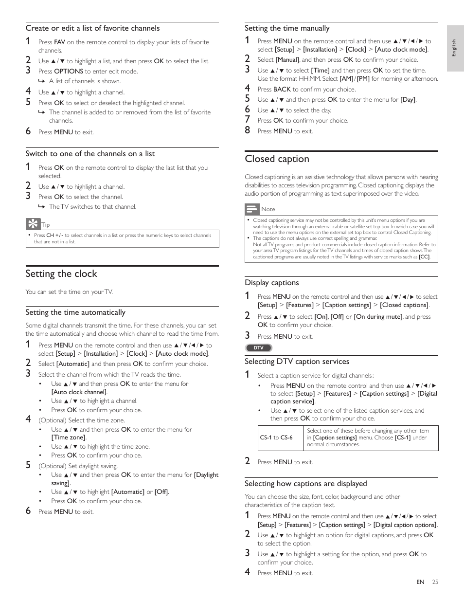 Setting the clock, Closed caption | Philips 55PFL5705DV-F7 User Manual | Page 26 / 47