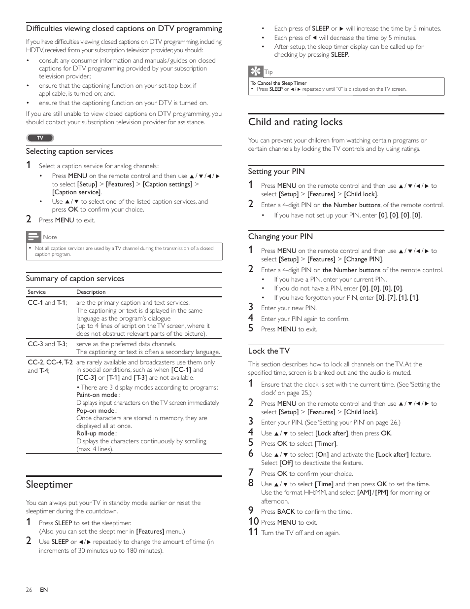 Sleeptimer, Child and rating locks | Philips 55PFL5705DV-F7 User Manual | Page 27 / 47