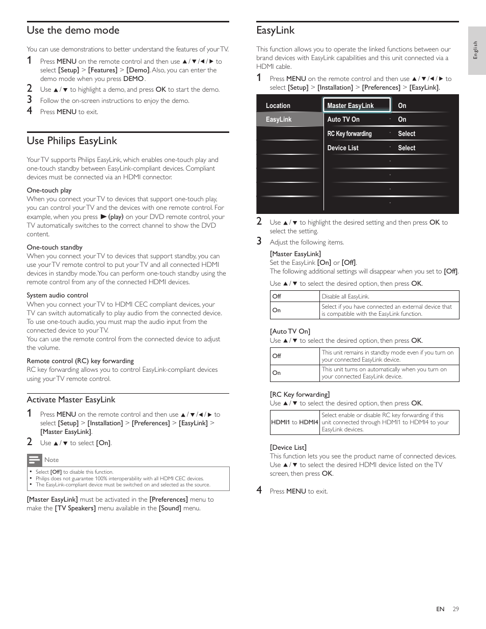 Use the demo mode, Use philips easylink, Easylink | Philips 55PFL5705DV-F7 User Manual | Page 30 / 47