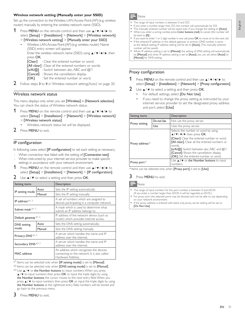 Proxy confi guration, Wireless network status, Ip confi guration | Philips 55PFL5705DV-F7 User Manual | Page 32 / 47