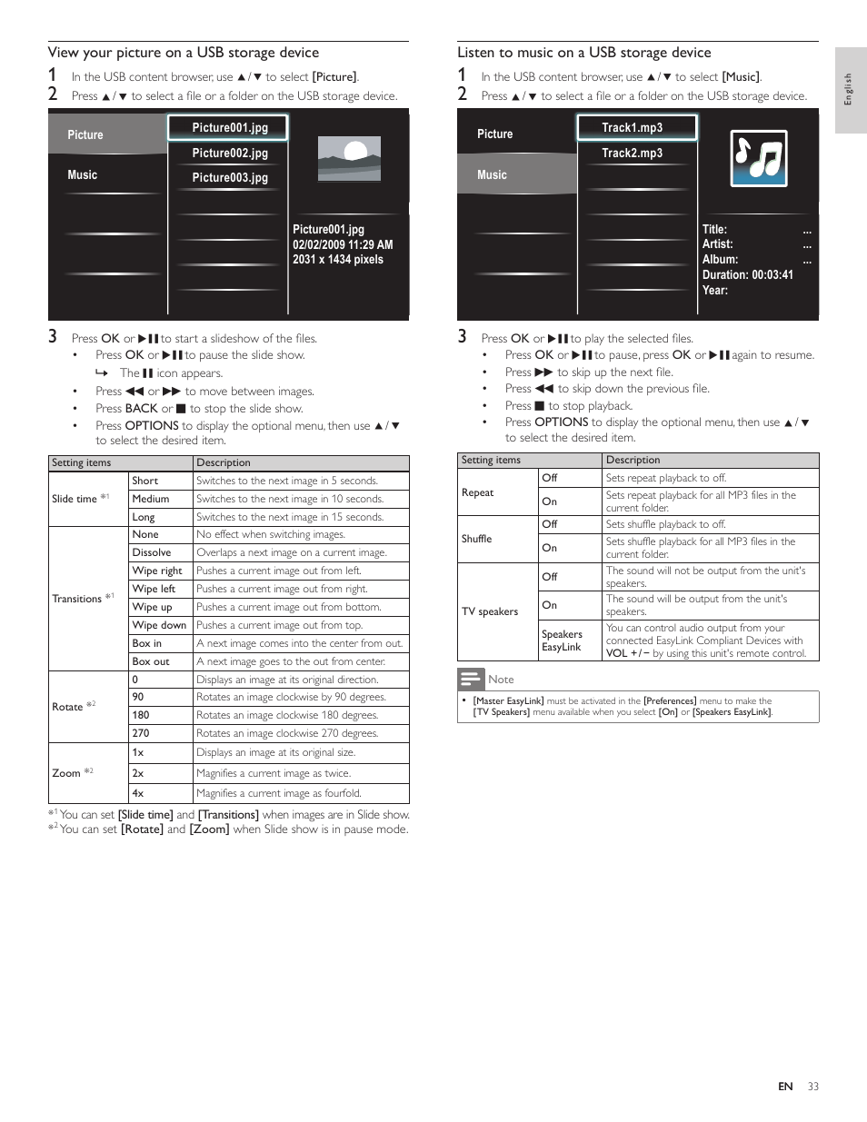 Listen to music on a usb storage device, View your picture on a usb storage device | Philips 55PFL5705DV-F7 User Manual | Page 34 / 47