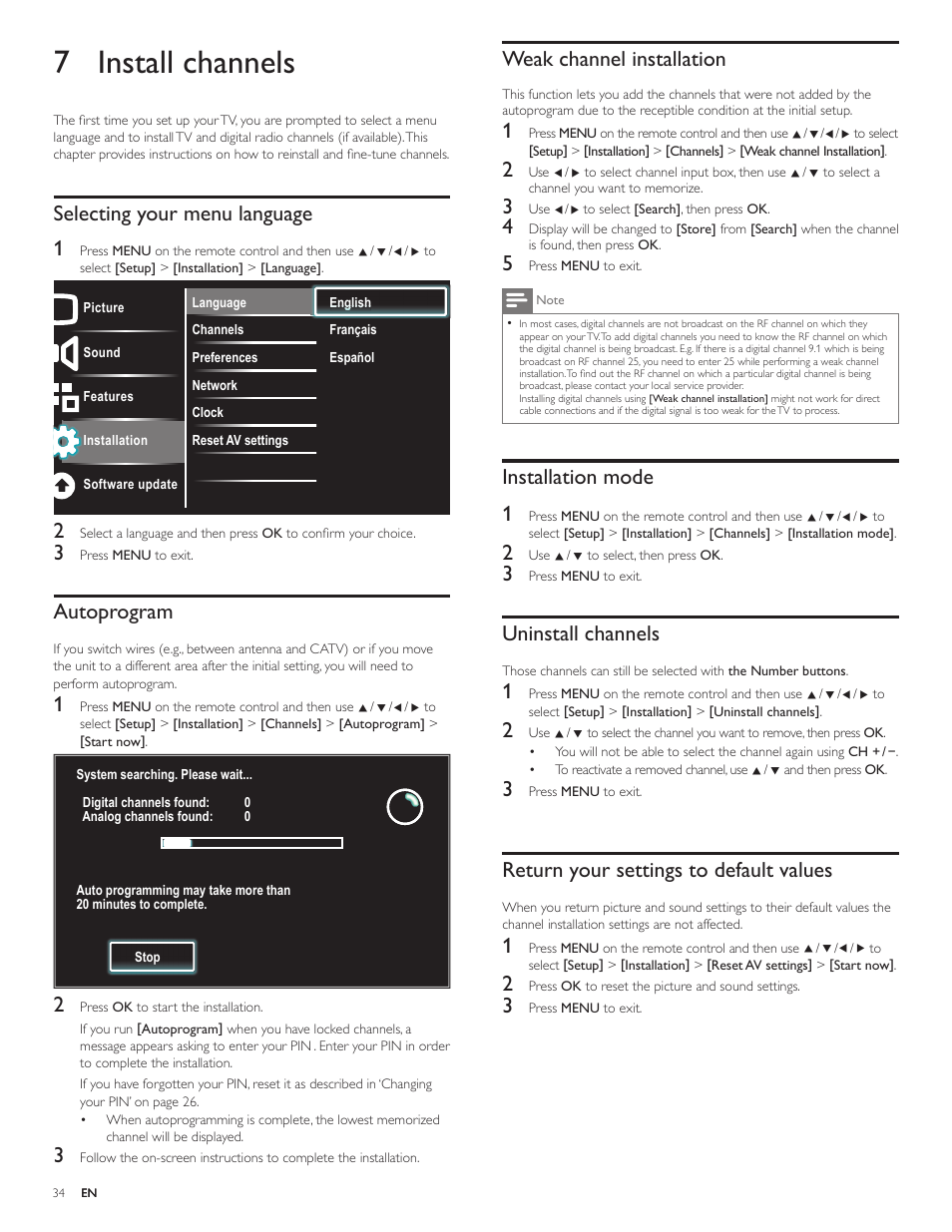 7 install channels, Selecting your menu language, Autoprogram | Weak channel installation, Installation mode, Uninstall channels, Return your settings to default values, Installation mode 1, Selecting your menu language 1 | Philips 55PFL5705DV-F7 User Manual | Page 35 / 47