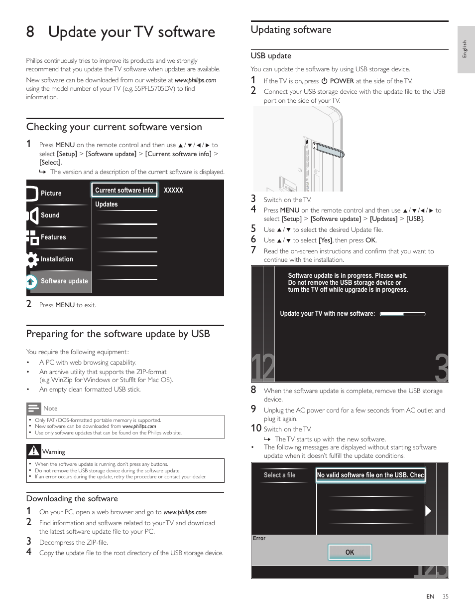 8 update your tv software, Checking your current software version, Preparing for the software update by usb | Updating software, Checking your current software version 1 | Philips 55PFL5705DV-F7 User Manual | Page 36 / 47