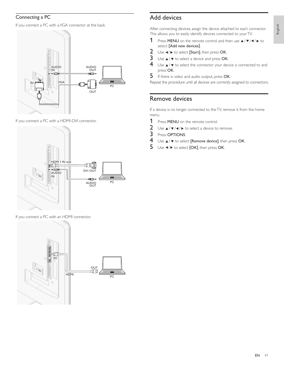 Add devices, Remove devices, Connecting a pc | Philips 55PFL5705DV-F7 User Manual | Page 42 / 47