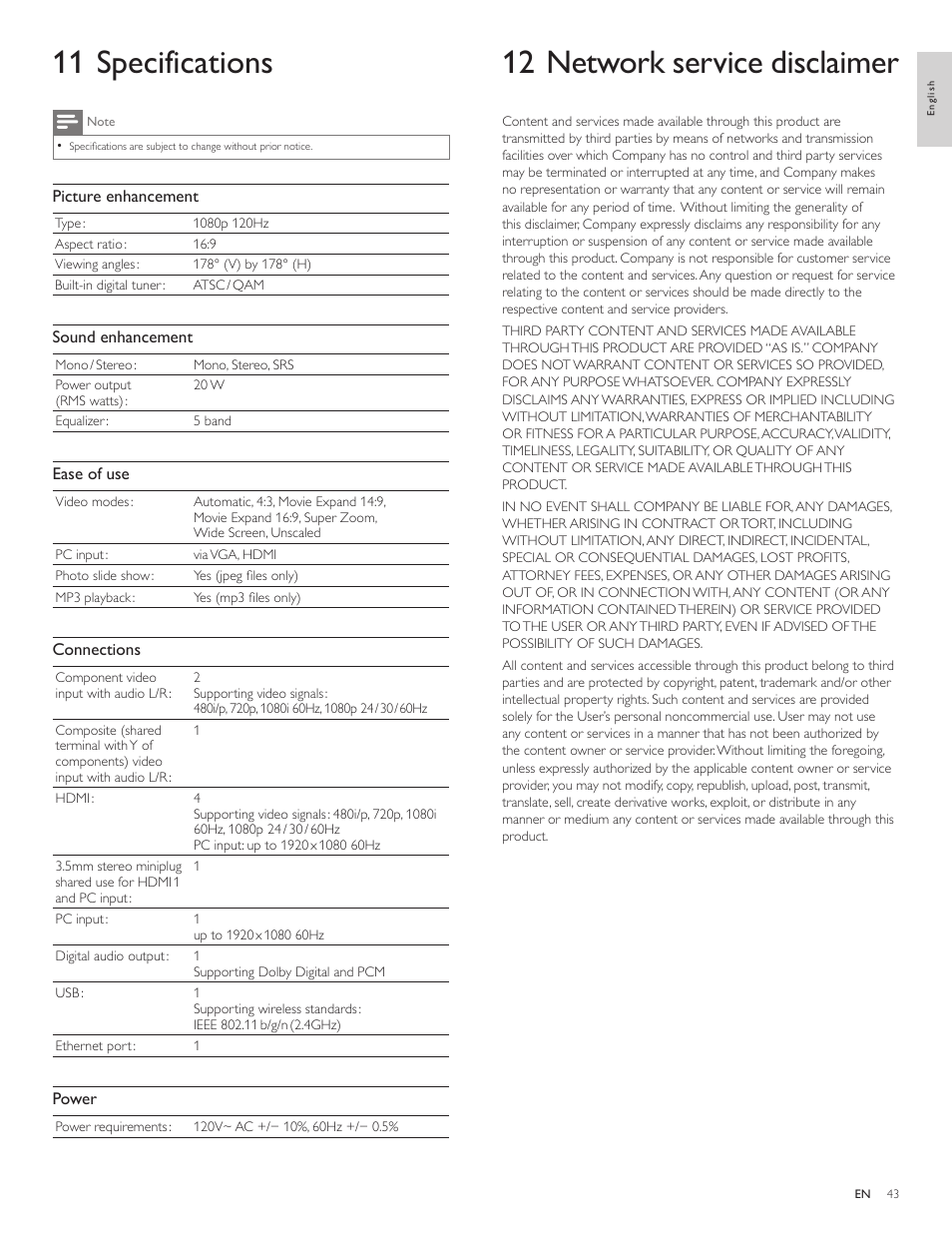 11 specifications, 1 2 network service disclaimer | Philips 55PFL5705DV-F7 User Manual | Page 44 / 47