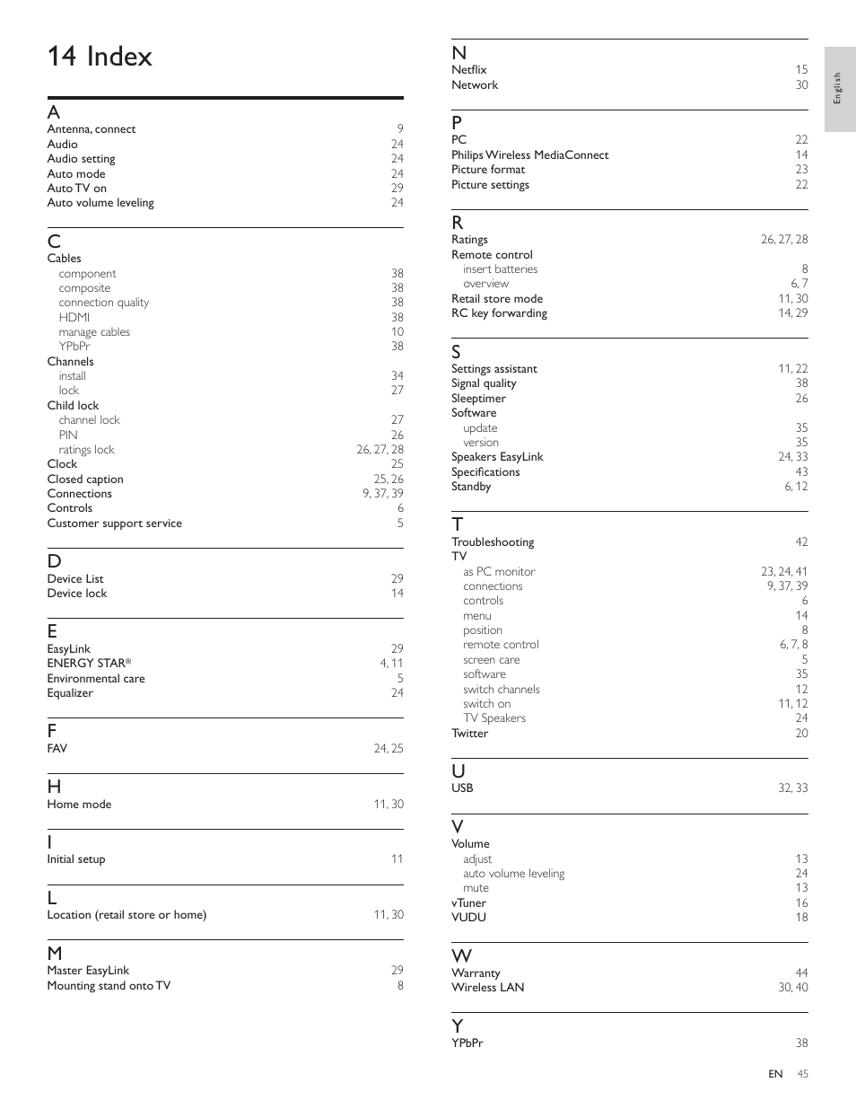 1 4 index | Philips 55PFL5705DV-F7 User Manual | Page 46 / 47