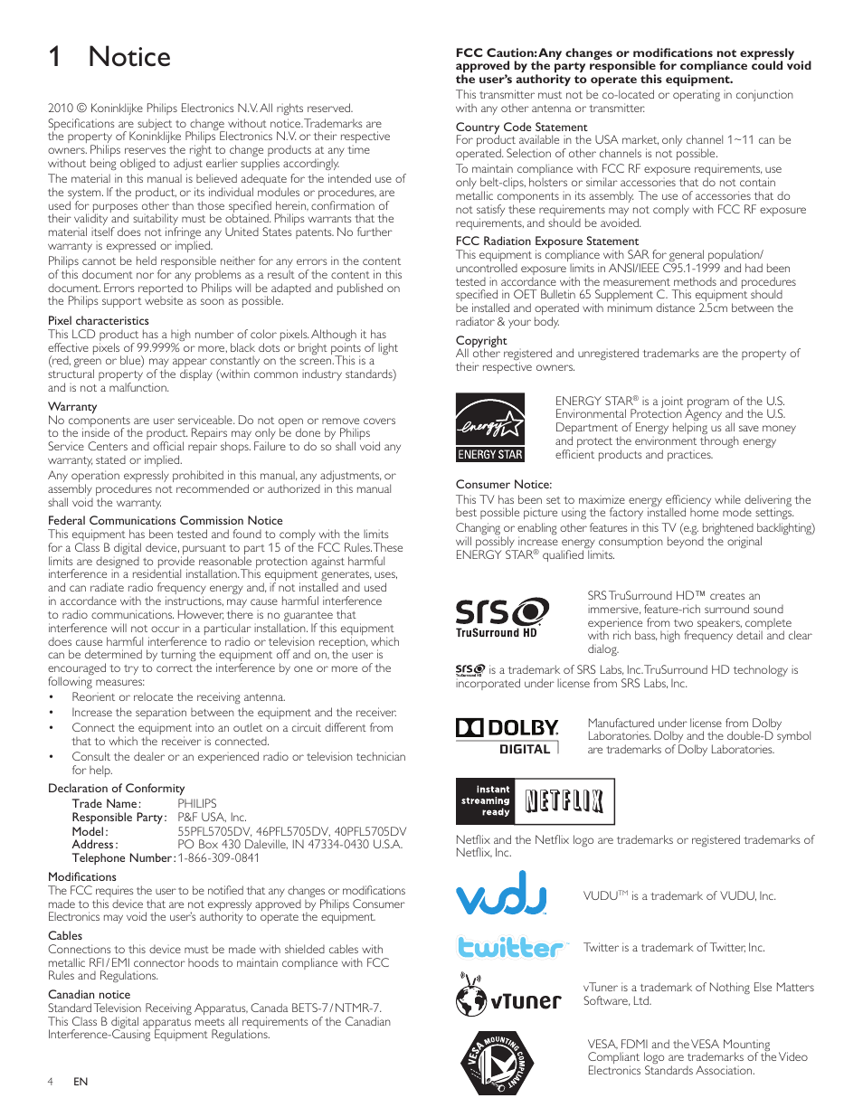 1 notice | Philips 55PFL5705DV-F7 User Manual | Page 5 / 47