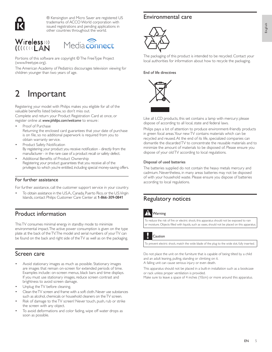 2 important, Product information, Screen care | Environmental care, Regulatory notices | Philips 55PFL5705DV-F7 User Manual | Page 6 / 47