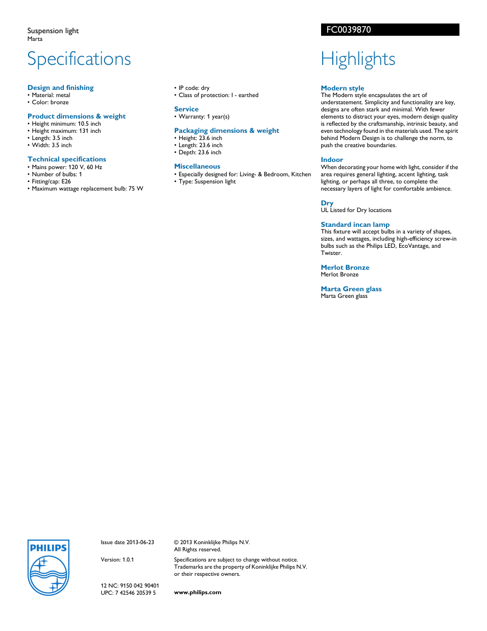 Specifications, Highlights | Philips FC0039870 User Manual | Page 2 / 2