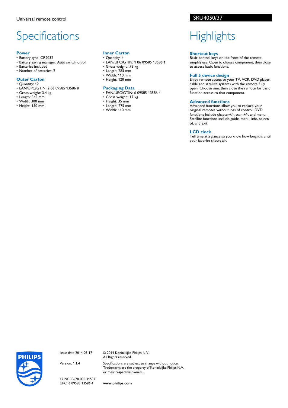 Specifications, Highlights | Philips SRU4050-37 User Manual | Page 2 / 2