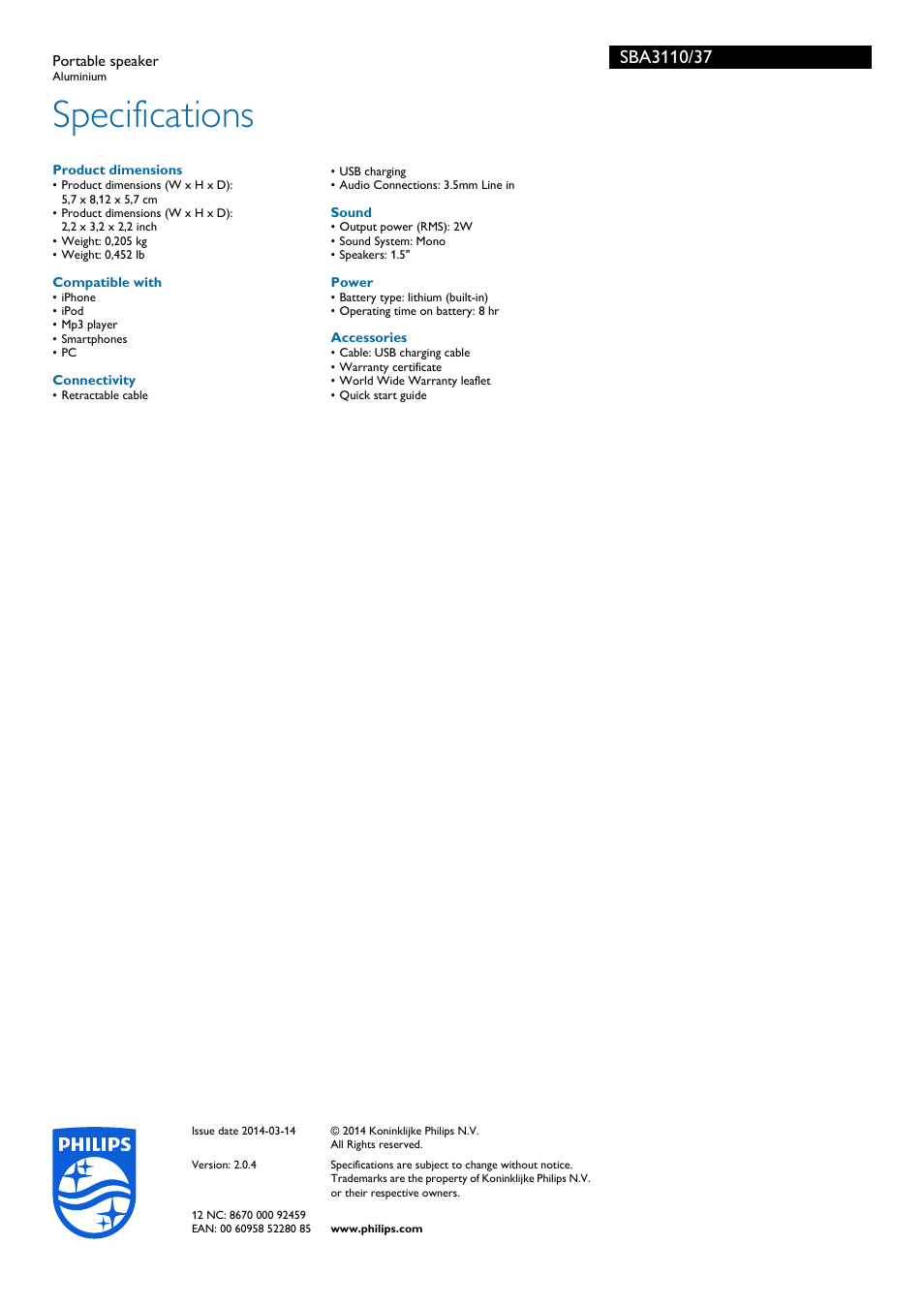 Specifications | Philips SBA3110-37 User Manual | Page 2 / 2