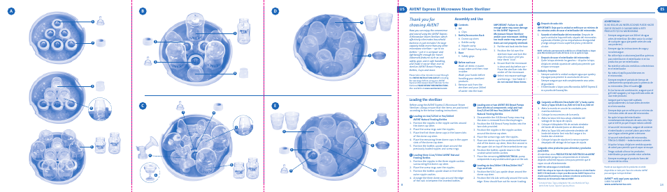 Eb a d c, Avent express ii microwave steam sterilizer us, Loading the sterilizer assembly and use | Philips AVENT Microwave Sterilizer Starter Set SCF271-02 User Manual | Page 2 / 5