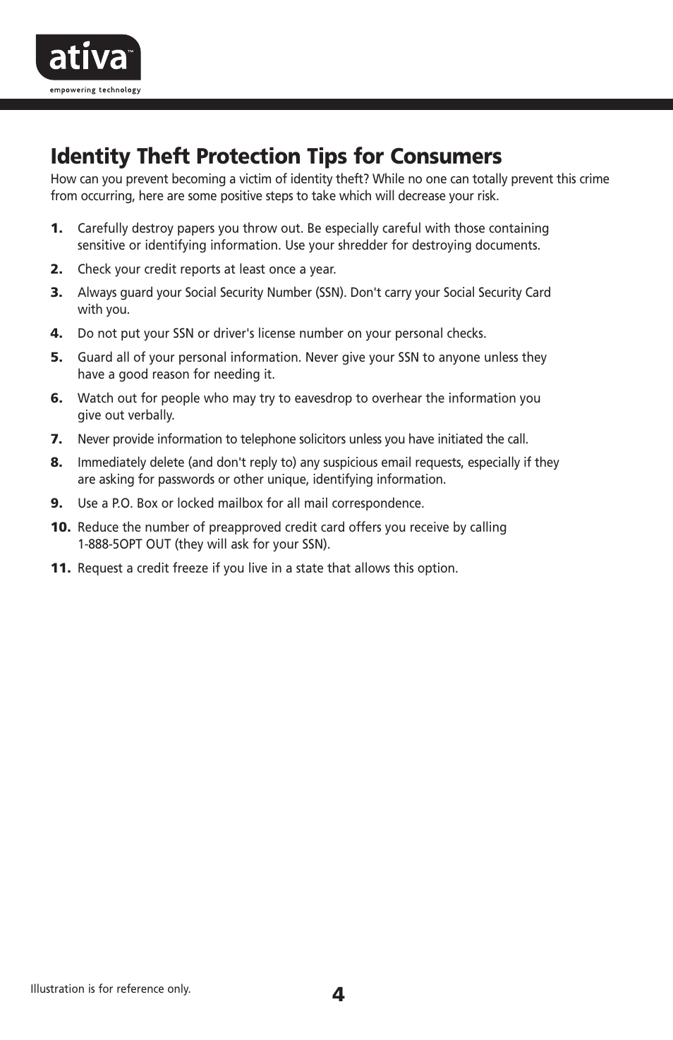 Identity theft protection tips for consumers | Ativa DSD160D User Manual | Page 4 / 9