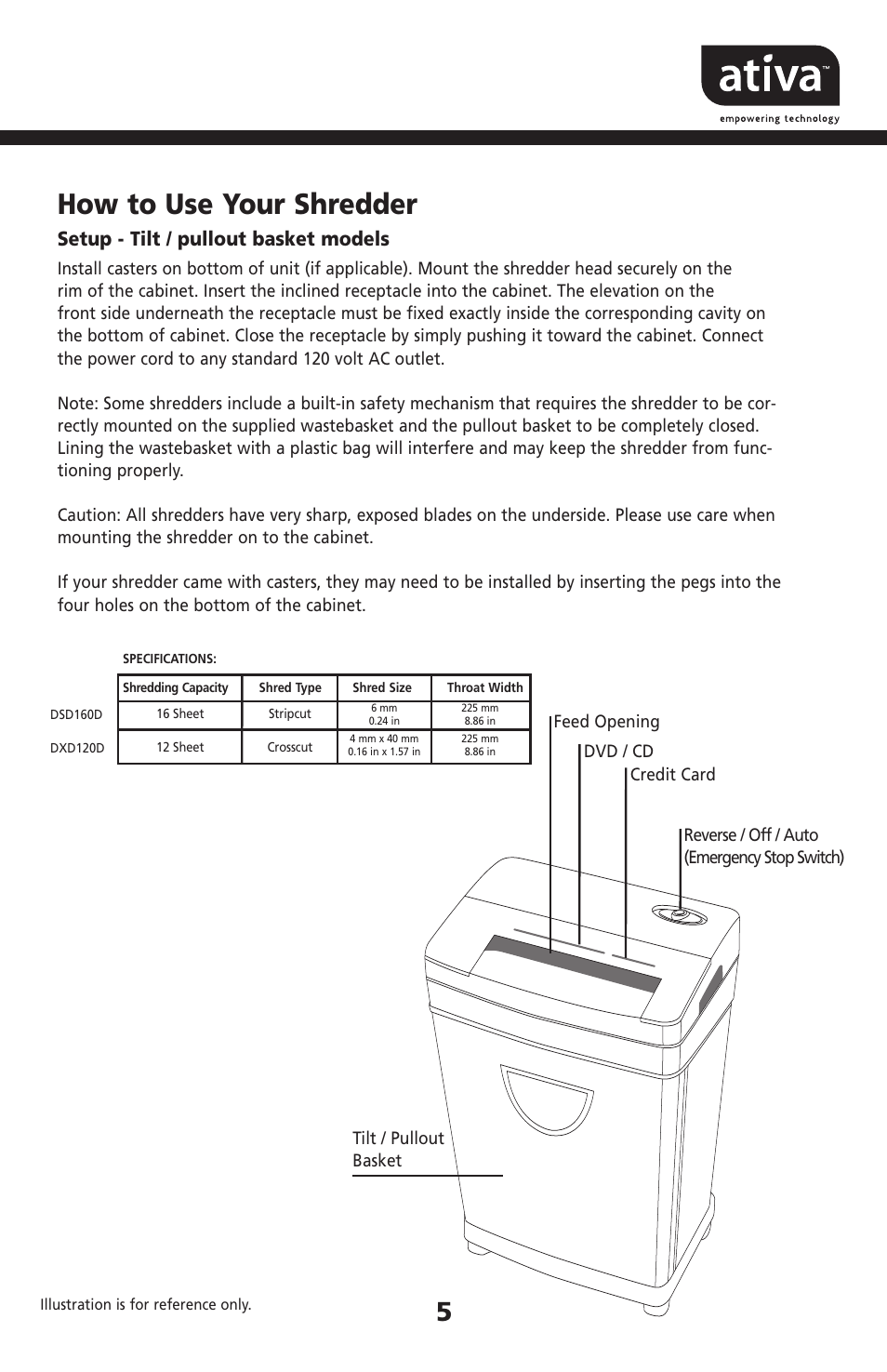 How to use your shredder, Setup - tilt / pullout basket models | Ativa DSD160D User Manual | Page 5 / 9